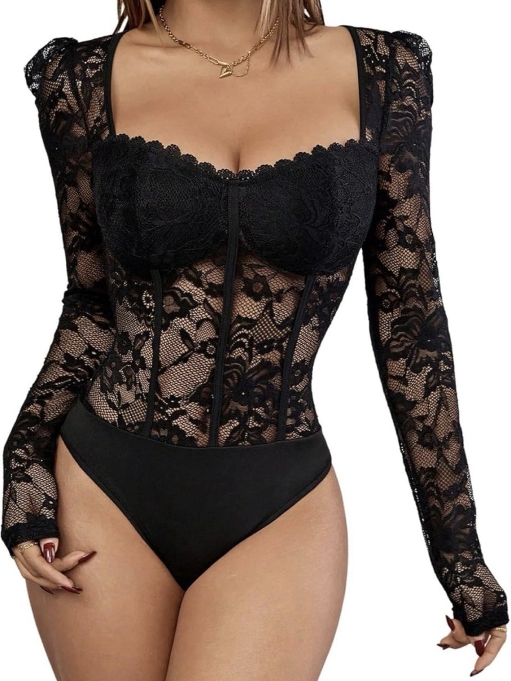 Sheer Black Lace Long-Sleeve Corset Bodysuit